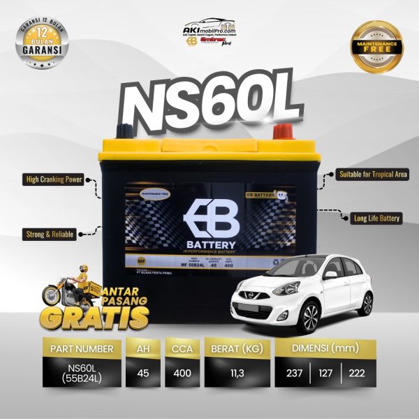 Aki Kering EB Battery MF NS60L 45Ah Murah untuk Nissan Grand Livina Toyota Yaris Vios
