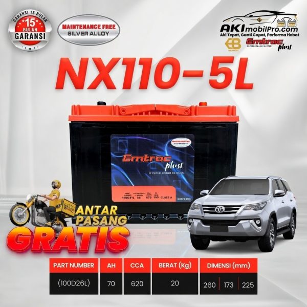 Aki Kering Emtrac NX110-5L 100D26L Murah untuk Pajero Sport Dakar Innova Diesel Fortuner