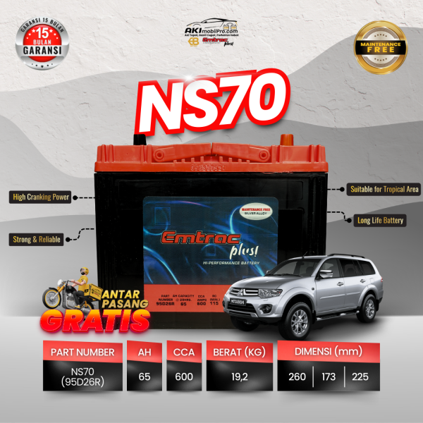 Aki Kering Emtrac NS70 95D26R Murah untuk Innova Diesel Land Cruiser Fortuner