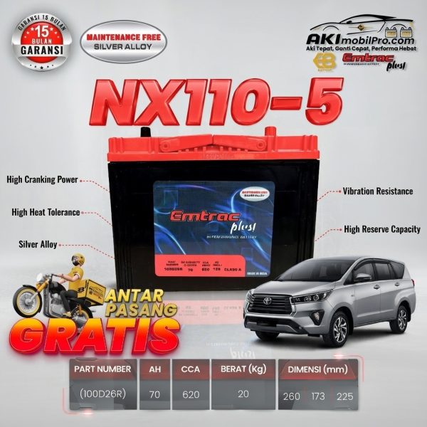 Aki Kering Emtrac NX110-5R 100D26R Murah untuk Isuzu Panther Elf Truk Canter