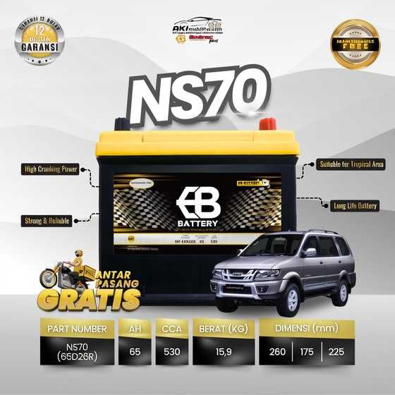 Aki Kering EB MF NS70 65D26R Murah untuk Isuzu Panther Toyota Kijang Diesel L300